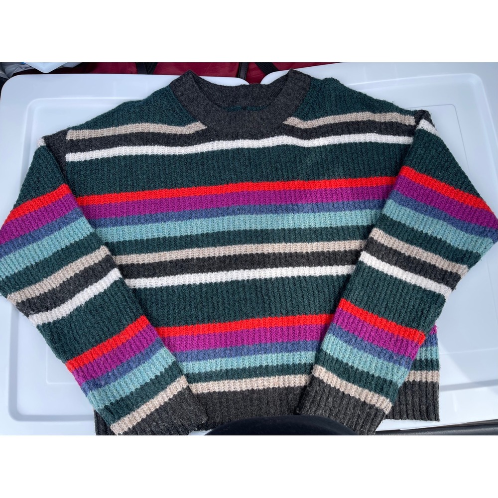 American Eagle Multi Color Striped Crewneck Knit Sweater Green Blue casual cozy